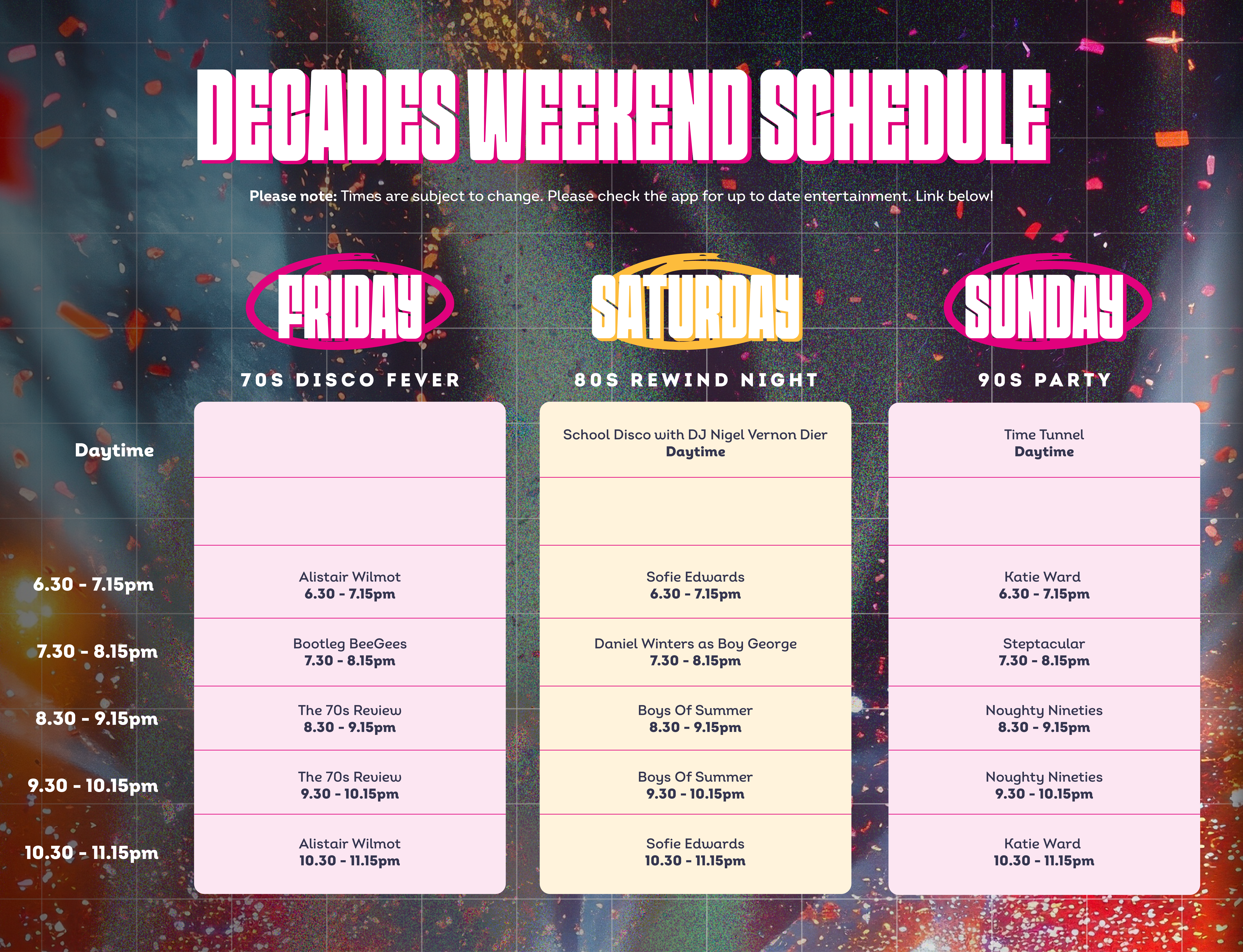 Decades Weekend Schedule