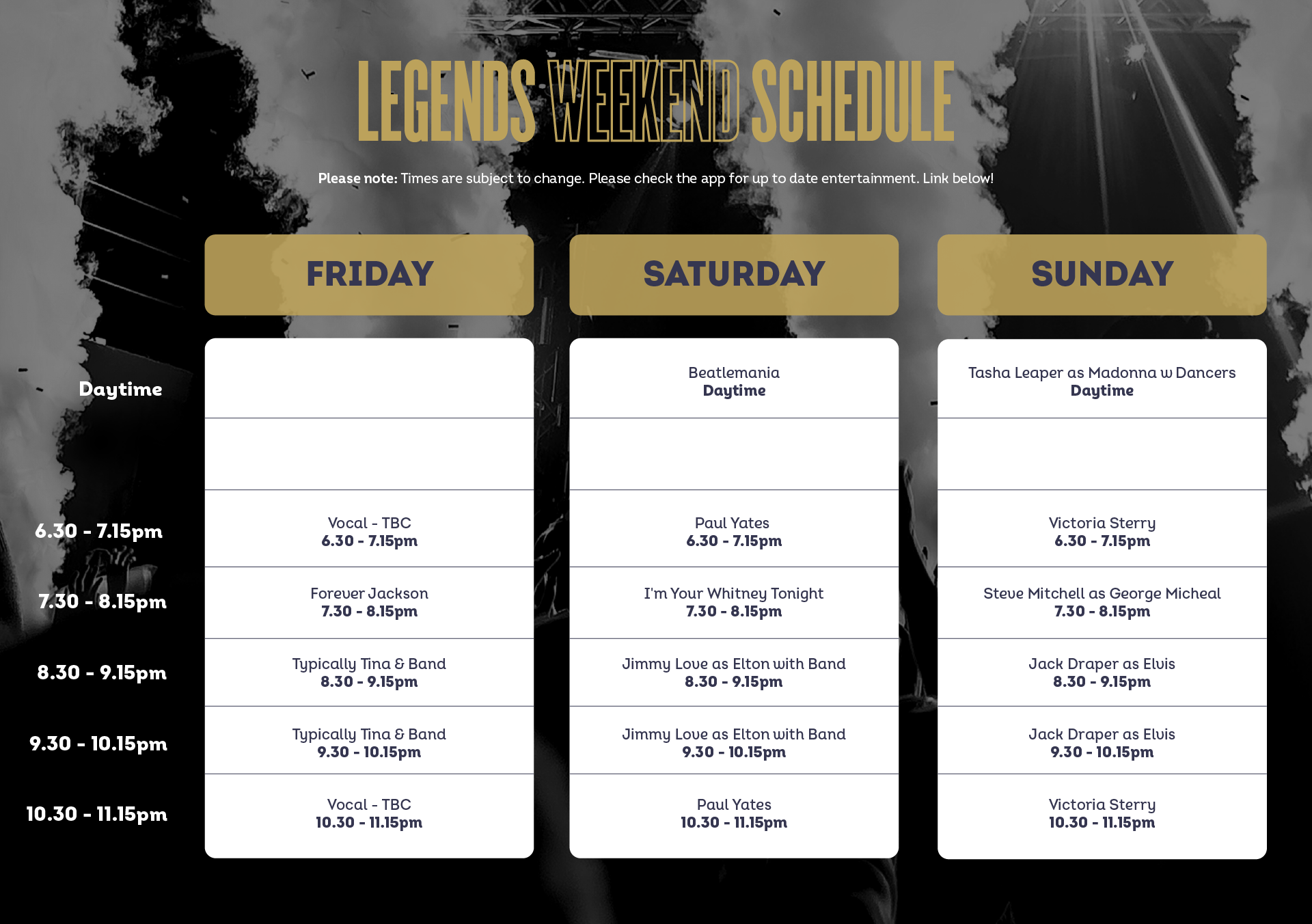 Legends Weekend Schedule